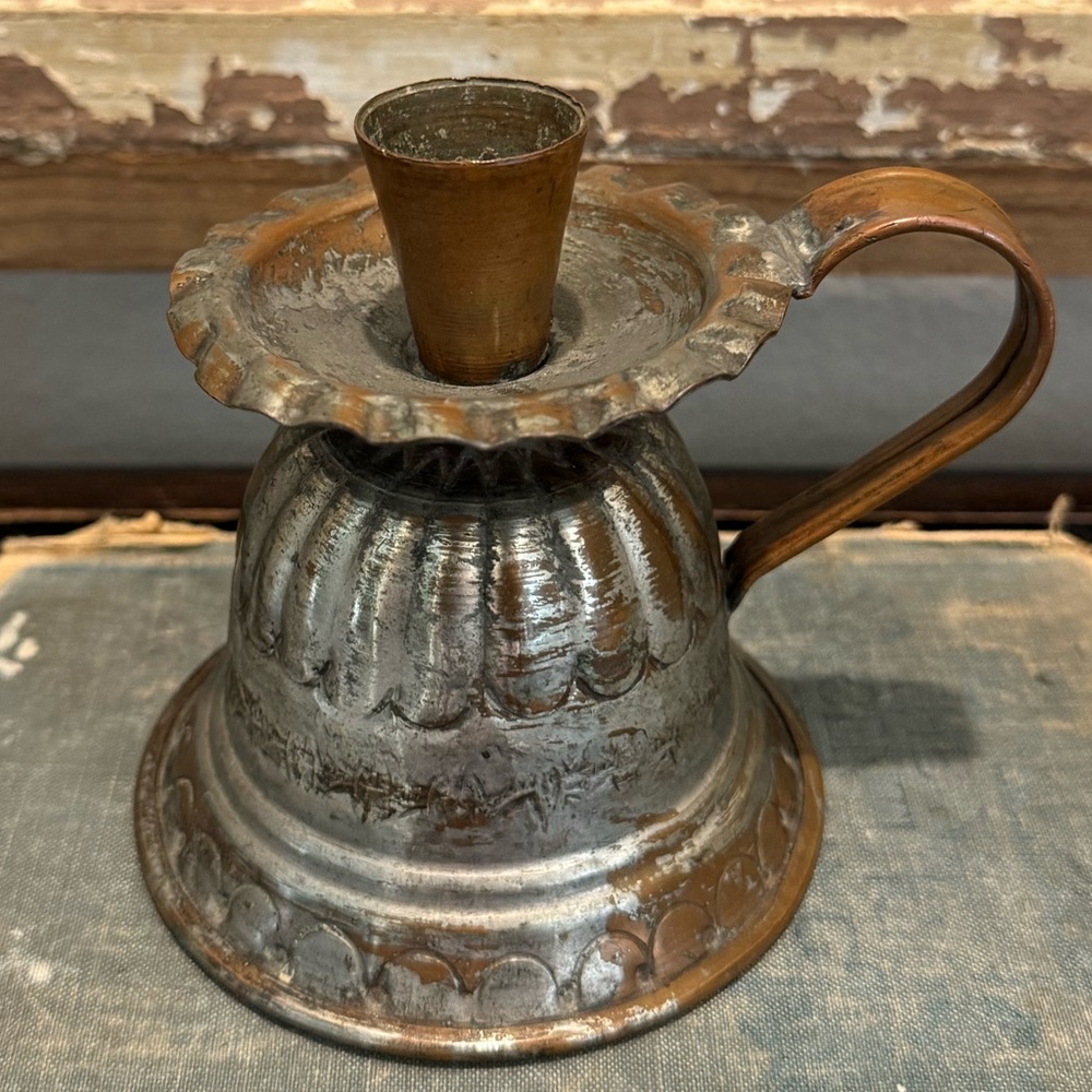 Vintage Copper and Tin Engraved Candle Holder